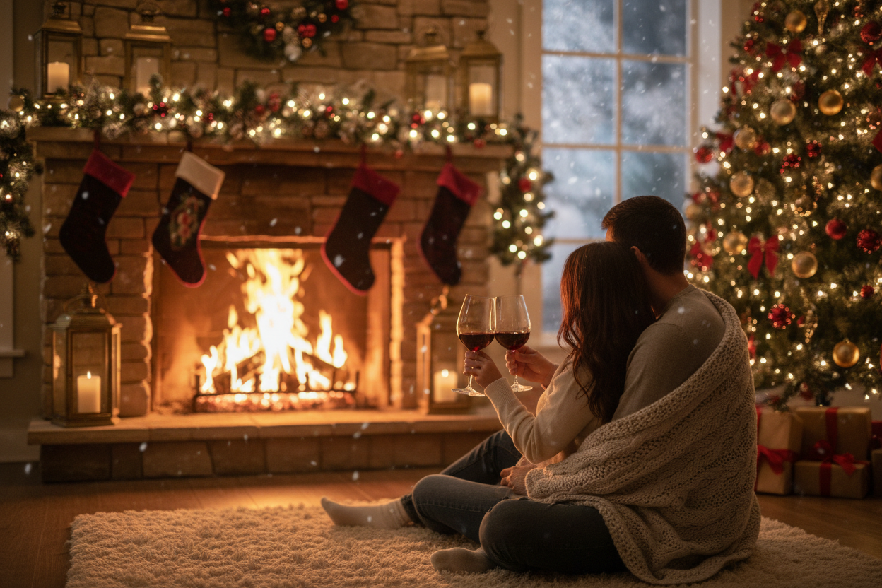 weihnachtliche Atmosphäre am Kamin, das Feuer prasselt und ein paar sitzt mit den Rücken zu uns und genießt in zweisamkeit ihren Rotwein